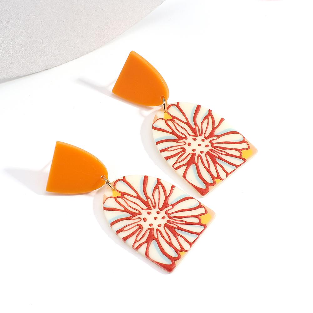 AMORCOME Cute Orange Geometric Acrylic Earrings 3D Effect Colorful Printed Flower Simulated Polymer Clay Earrings Daily Jewelry: Default Title