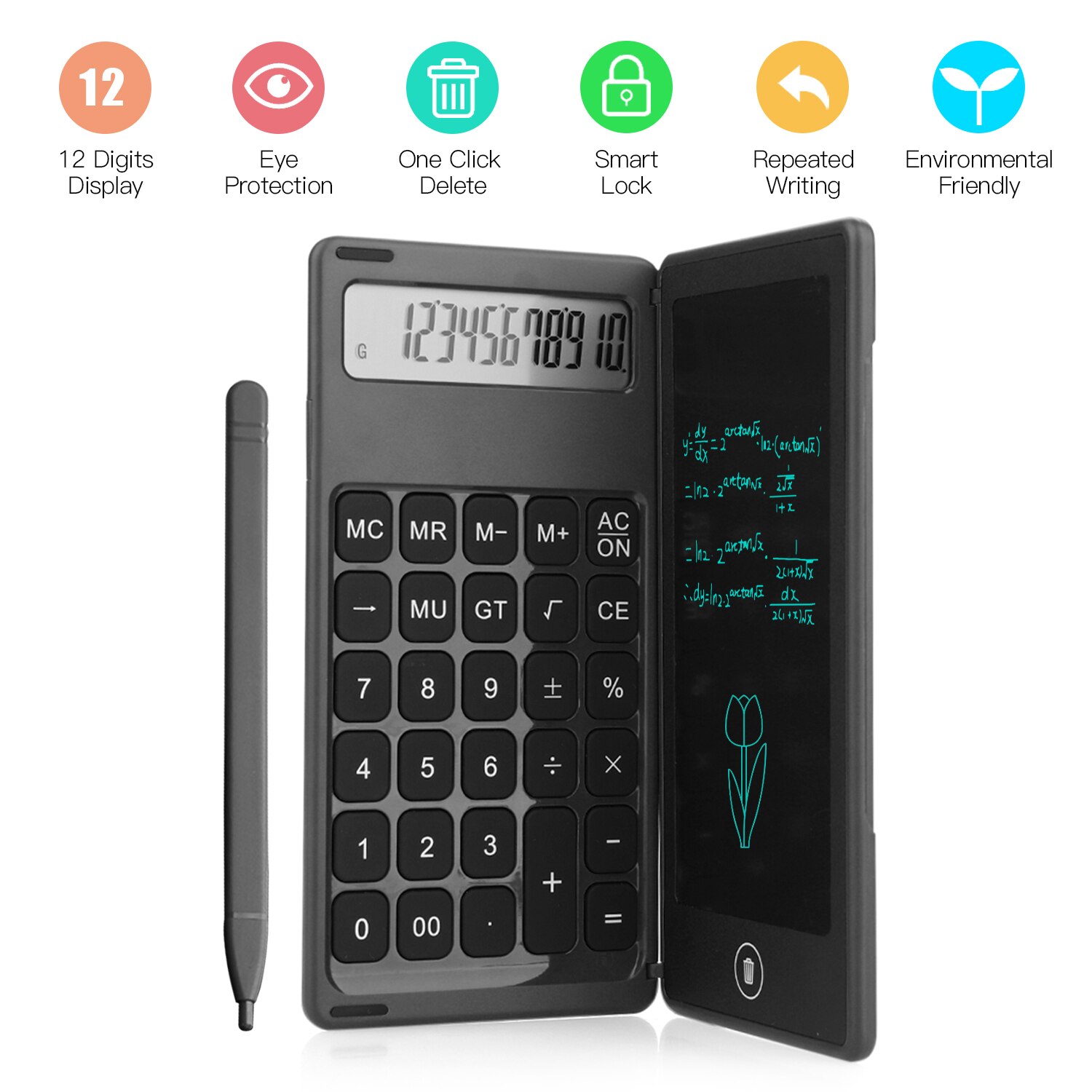 Foldable Calculator & 6 Inch LCD Writing Tablet Digital Drawing Pad 12 Digits Display with Stylus Pen Erase Button Lock Function