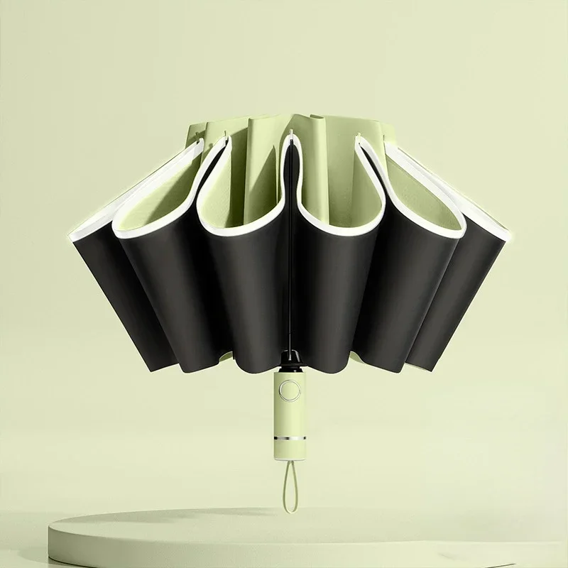 Paraguas totalmente automático para hombre y mujer, sombrilla plegable inversa con rayas reflectantes a prueba de viento y rayos UV: YELLOW