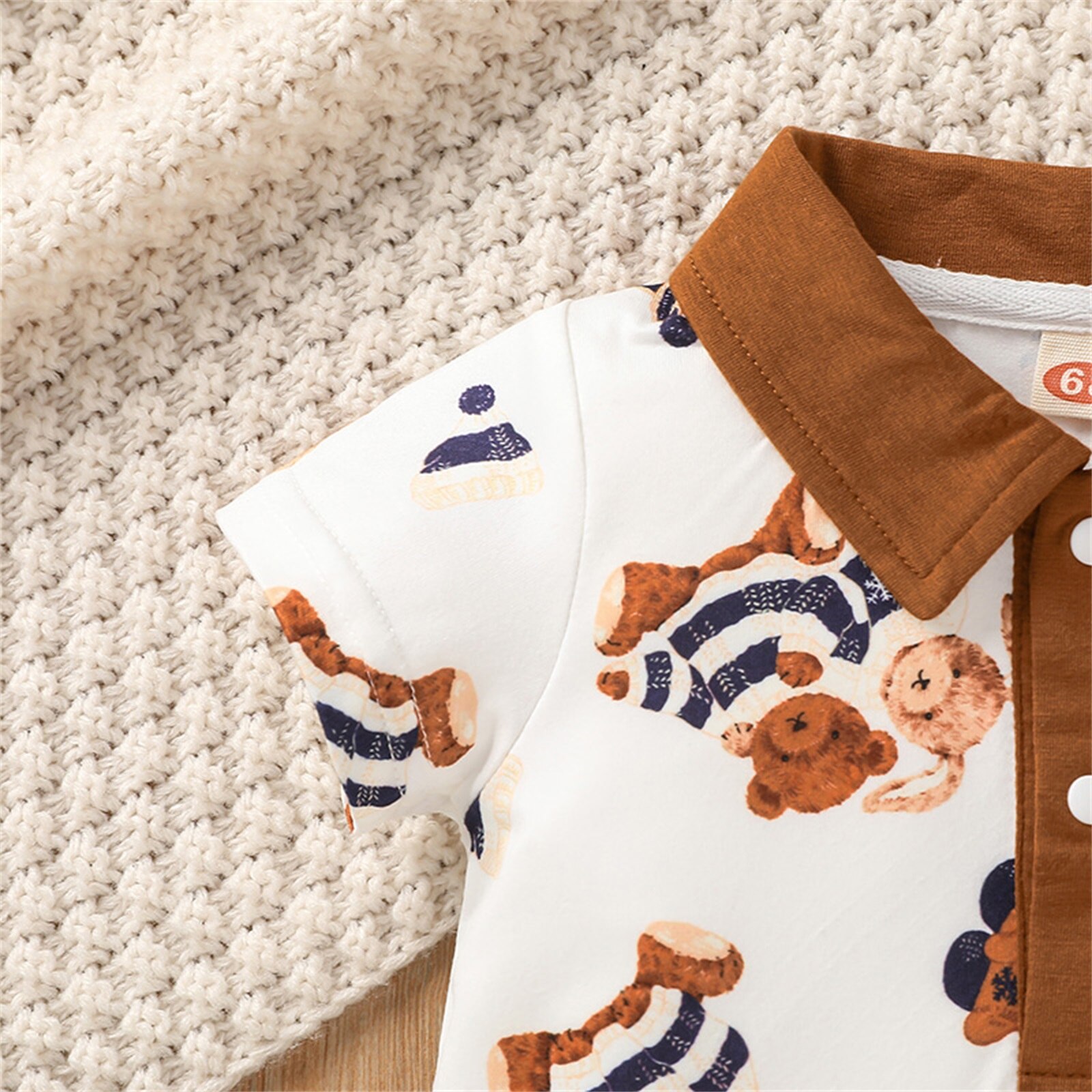 Baby Baby Meisjes Jongens Unisex Toevallige Romper, Korte Mouwen Cartoon Beer Gedrukt Revers Patchwork Jumpsuits