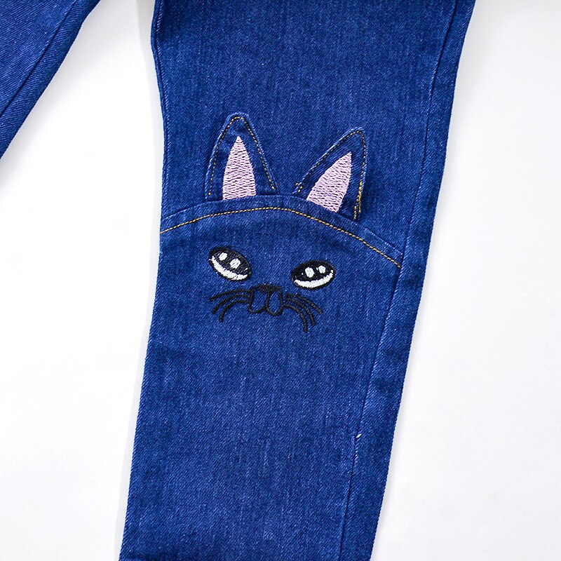 Filles jean dessin animé chat broderie pantalon automne bébé fille vêtements Denim pantalon pour enfants adolescent vêtements