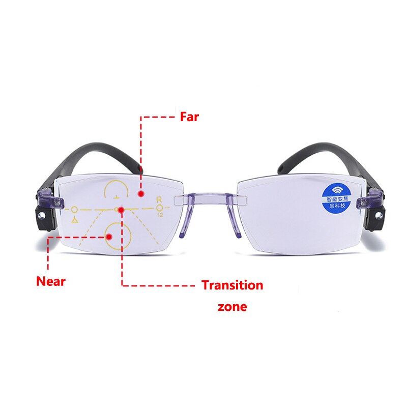 Anti-blue Light Reading Glasses Distance And Near Dual-use Rimless Edge-cutting Eyeglasses With Led Light For 100-350 Degree