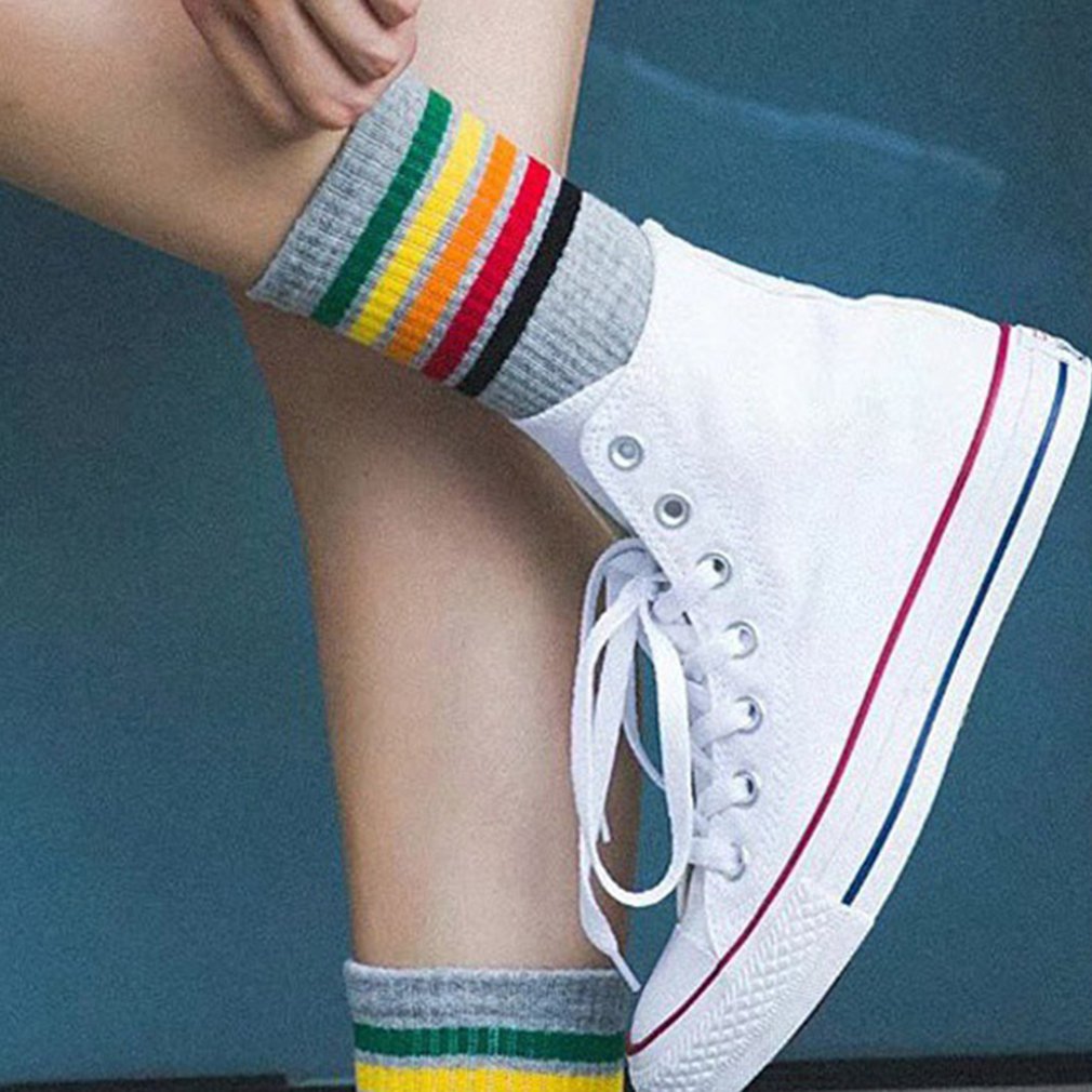 Trendy Regenboog Streep Gedrukt Katoenen Sokken Dames Vrouwen Midden Lengte Casual Zachte Harajuku Sokken Sport Warme Sokken