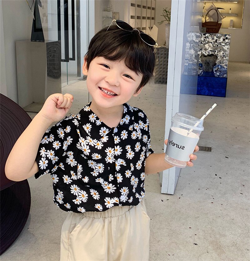 Verão 2021 meninos margarida imprimir camisas de manga curta estilo coreano crianças algodão casual fino topos roupas