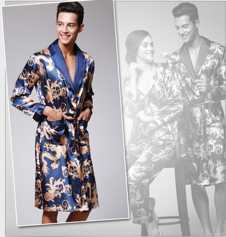 YT- 027 Spring Autumn Luxury Bathrobe Mens Print Plus Size Satin Pajamas Silk Nightgown