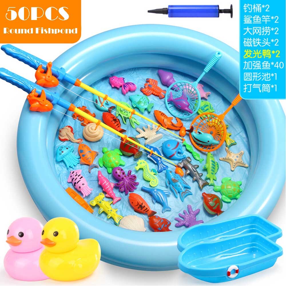 15-68PCS Kids Magnetic Fishing Toy Set Baby Water Toys with Inflatable Pool Magnet Fishing Rod Classic Toys for Children: 50pcs round pool