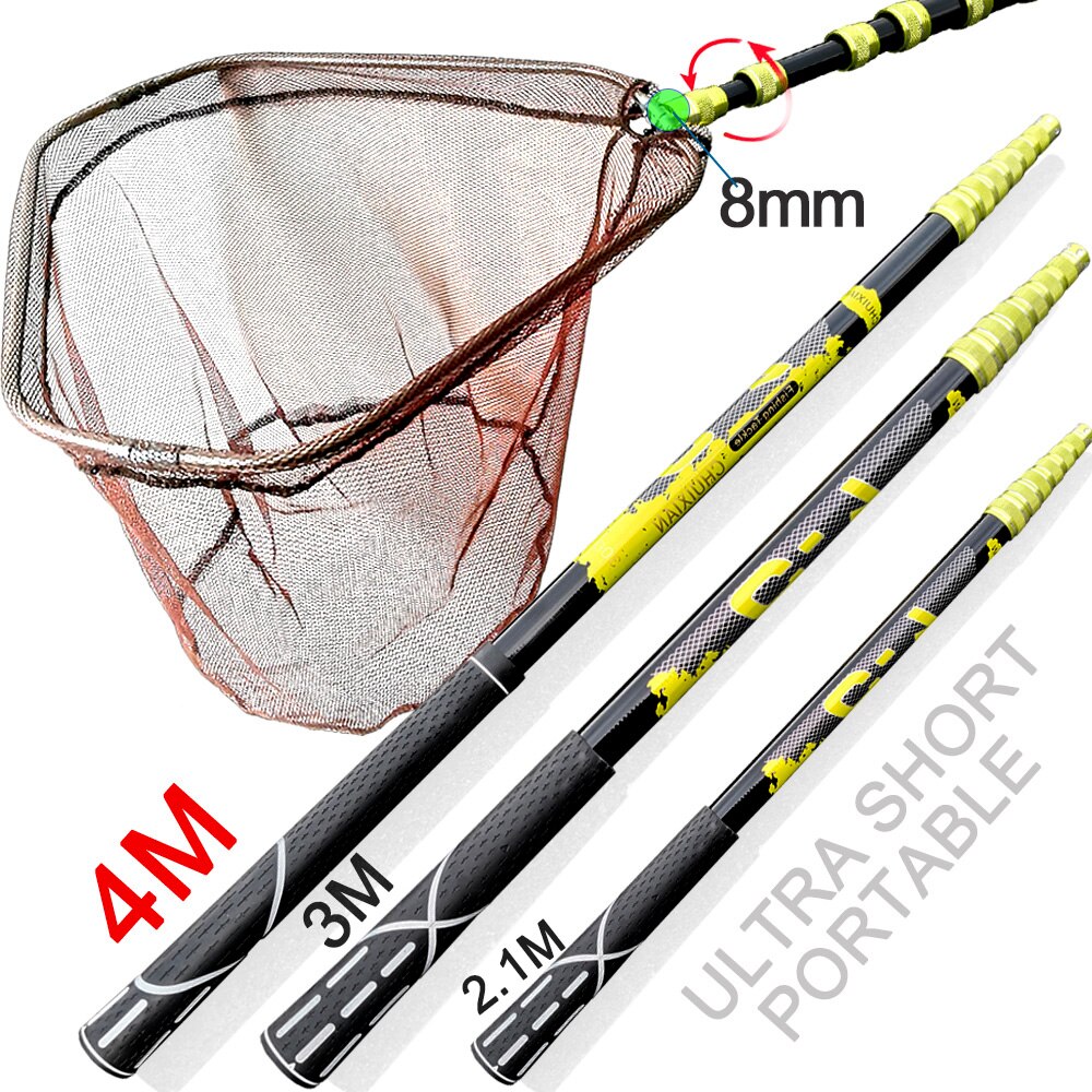Filet de pêche télescopique pliable en carbone, 2.1M 3M, à longue poignée, équipement pour la pêche, X437B