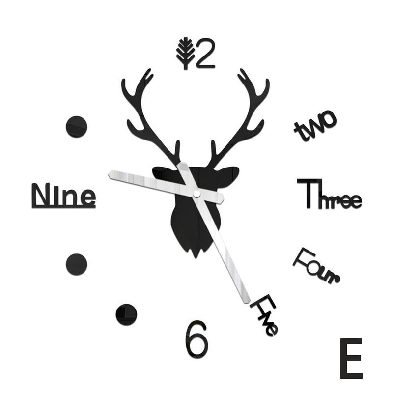 DIY 3D Wall Clock Mirror Wall Stickers Deer Living Wall Watch Decal Quartz Art Large Room Sticker Home Clock W5X9: E