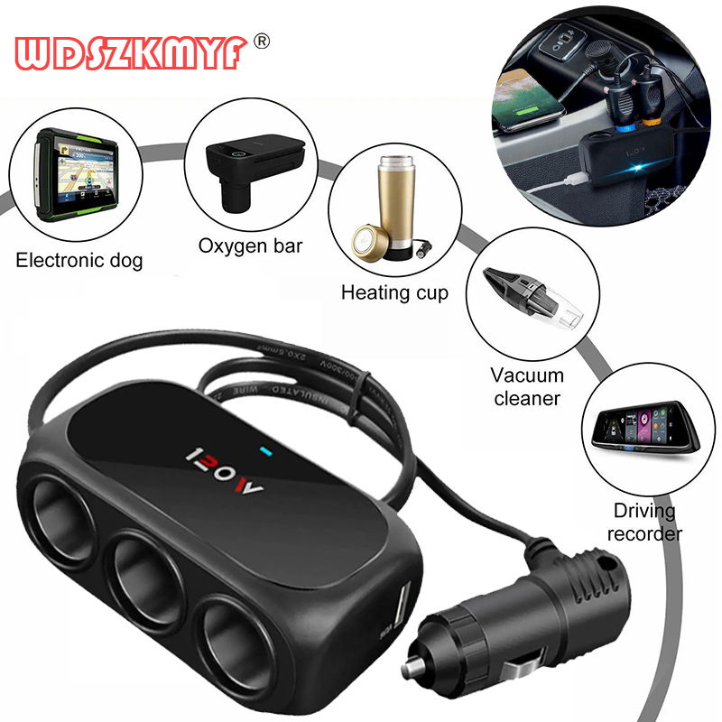 Encendedor de cigarrillos Universal de 120W, 12V, 24V, 3 vías, enchufe múltiple, cargador USB, adaptador Interior doble negro, divisor ABS, accesorio para coche
