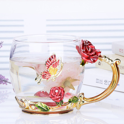 Tasse à café thé verre à fleurs et strass | Émail décoré tasse à café tasse à thé, verre gobelets à lait, tasses et tasses à poignée en alliage: A01