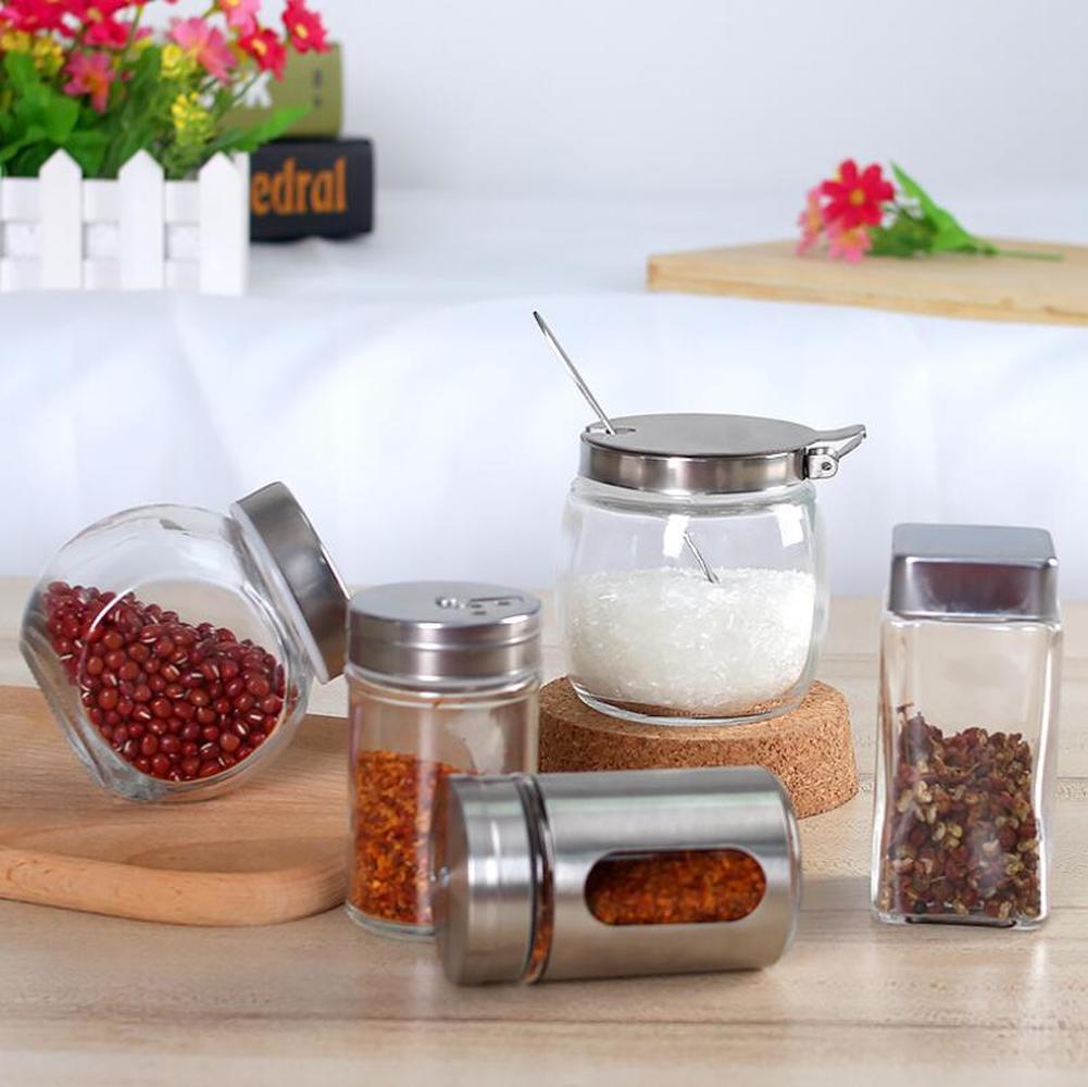 Kitchen Supplies Stainless Steel Seasoning Jar Glass Sauce Bottle Honey Jars Sugar Jar For Home Kitchen Storage Tank