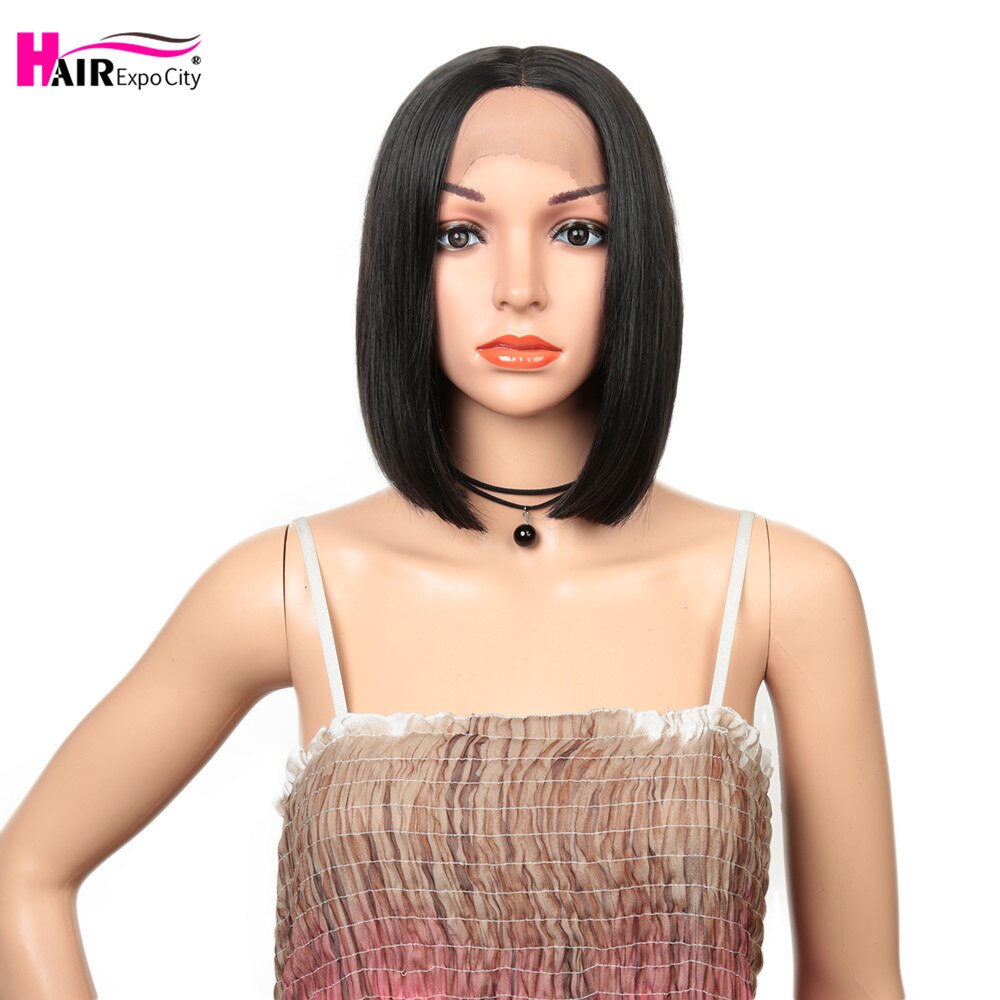 Peluca corta de pelo liso de 14 pulgadas con encaje frontal sintético, resistente al calor, con raya lateral y cabello negro, expo city.: Lucy 1b