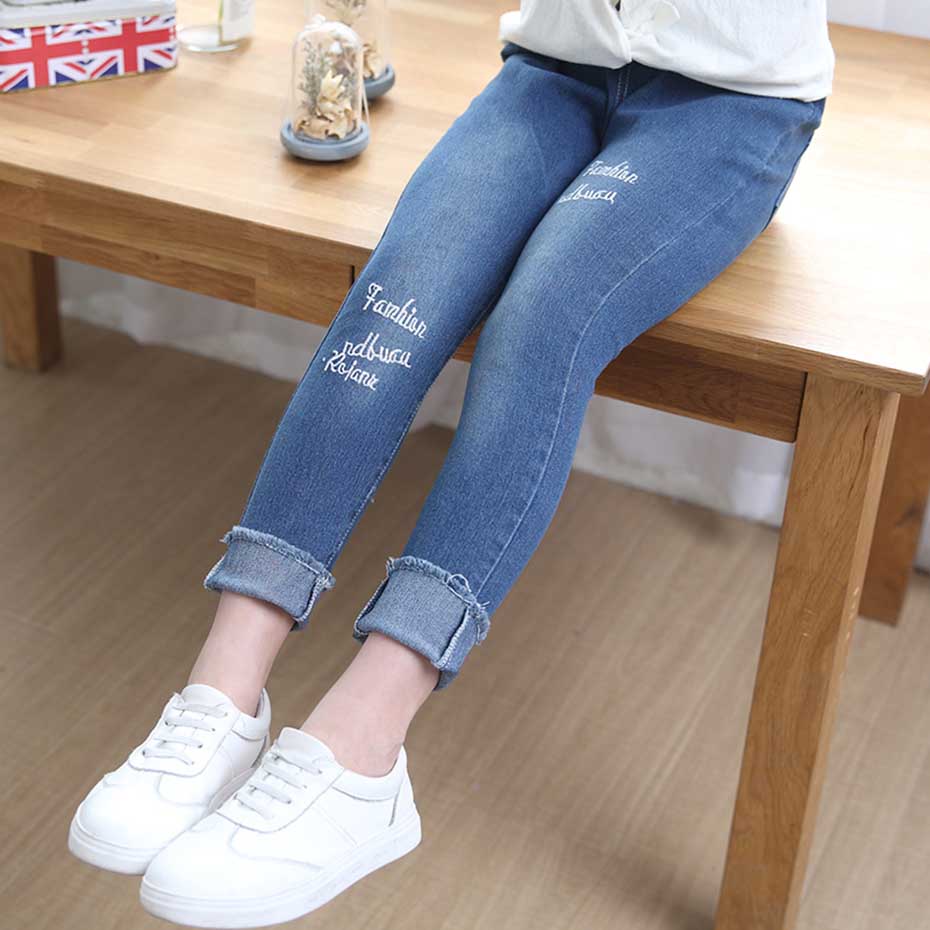 Jeans For Girls Letter Embroidery Girl Jeans Kids Elastic Waist Kids Jeans Pants Spring Autumn Casual Jeans Clothes For Girls