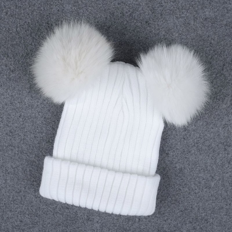 Gorro con pompón de pelo para niña y mujer, 2 pompones, sombreros de invierno de mujer, gorro de lana tejida de algodón, gorra gruesa de mujer: Blanco