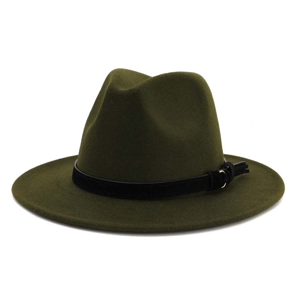 Vintage sommar bred brätte fedorahatt kvinnor lädersnöre imitation ylle jazzhatt keps chapeau för resor: 11
