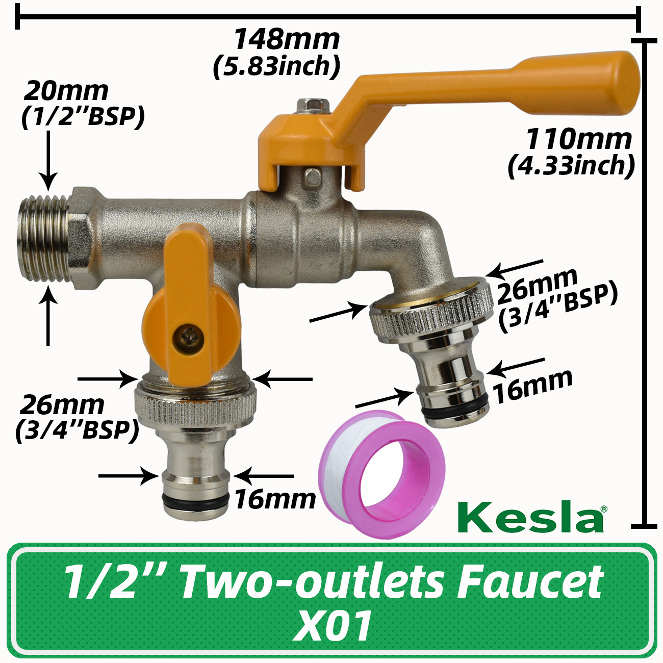 Garden 1/2'' 3/4'' Brass Water Faucet Water Splitter 1-Way 2-Way Connector Coupling Adapter Valve Switch Irrigation Tap Replace: grey