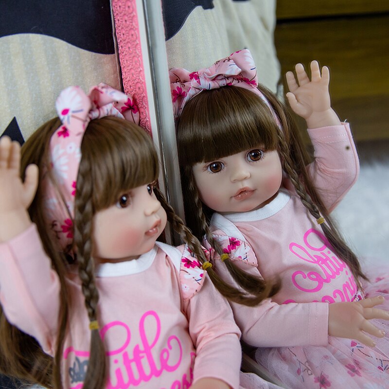 48/50cm Reborn Baby Doll Pink Princess Dress Girl Lifelike Soft Long Hair Handmade Art Doll for Kids Birthday Christmas