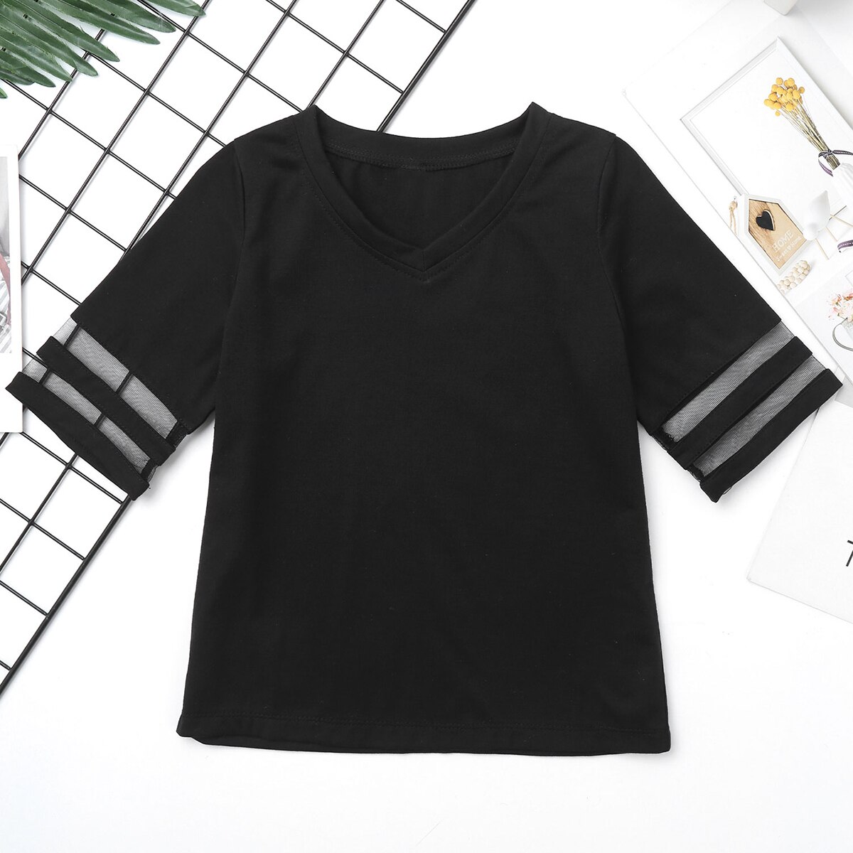 T-shirt estiva per ragazze T-shirt tinta unita scollo a V manica corta T-shirt in cotone per bambini abbigliamento per ragazze T-shirt per bambini Casual abbigliamento
