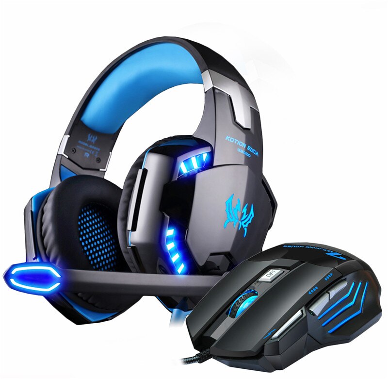 Gaming Headphones Headset wired Stereo with microphone big Earphone +Gaming Mouse 5000 DPI Mice Wired USB for PC Pro Gamer: G2000 blue mmr3