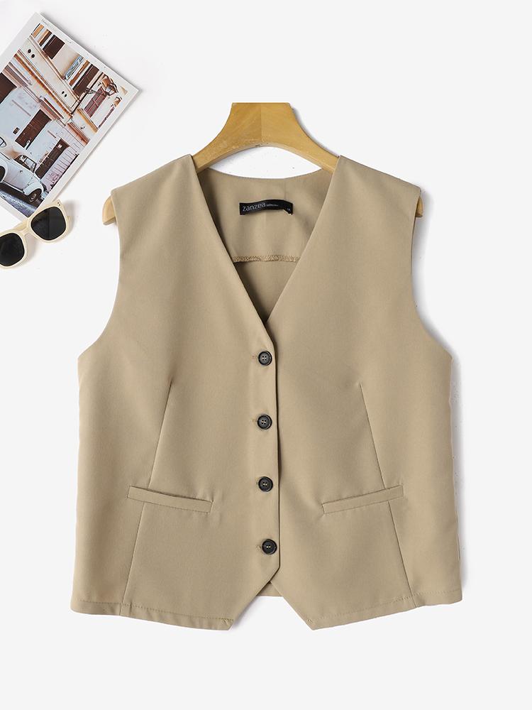 Kontor v-hals dressvester zanzea dame tanktoppvest ermeløs blazer yttertøy sommer khaki tanktopper overdimensjonerte: M / Khaki