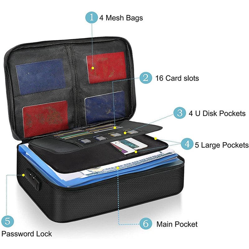Organizer Bag Fireproof Document Bag with Lock Portable Filing Storage Box Holder for Document File Passport Certificate