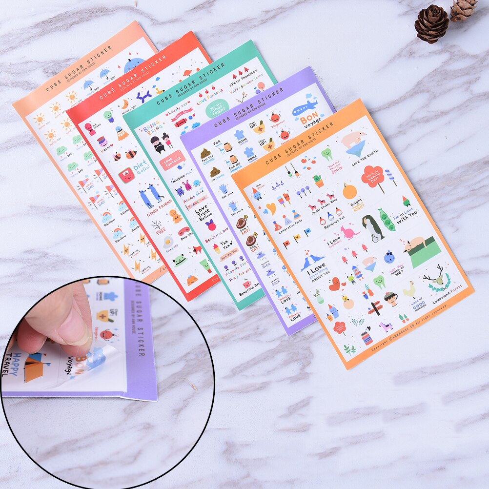 Pvc-klistermärken söta genomskinliga flingsigillkort för scrapbooking gör-det-själv-dagbok kalender anteckningsbok etikett brevpapper 5 ark/set