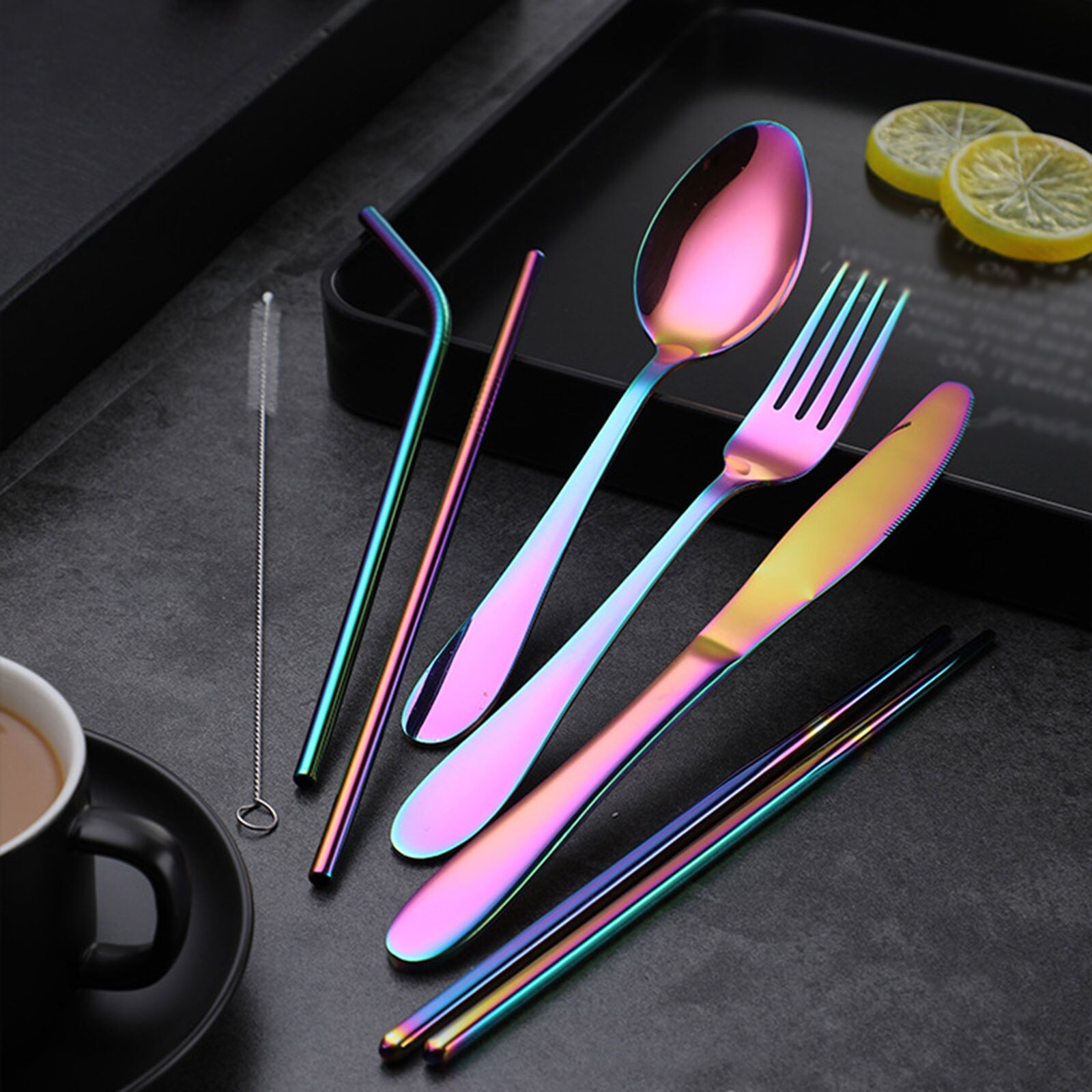 1set Tableware Reusable Travel Cutlery Set Camp Utensils Set with stainless steel Spoon Fork Chopsticks Straw Portable case