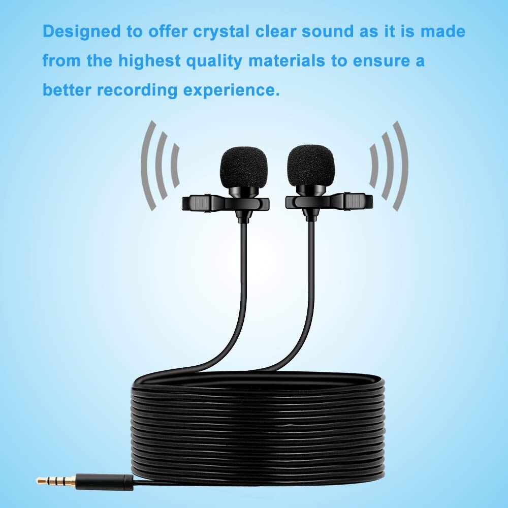 Clip-On Condenser Omni Directional Microphone Double Head Smartphone Computer Lapel Mic 3.5mm Plug and Play with Clip Adapters