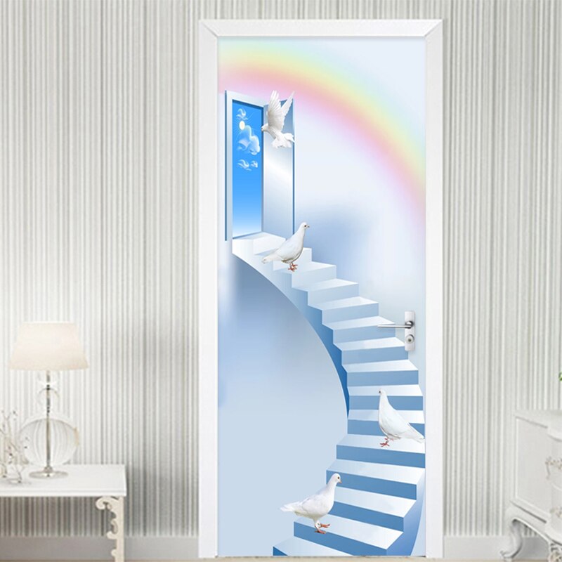 Home Decor Door Sticker 3D Stairs Pigeon Rainbow Mural Wallpaper Living Room Kid&#39;s Bedroom Door Poster Self-Adhesive Waterproof