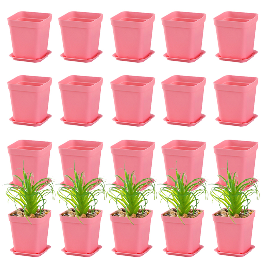 6/12pcs 7cm Pink Plastic Square Flower Plant Pots with Tray Nursery Pot for Succulent Office Desktop Gardening Balcony Decor