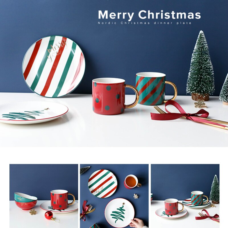 Tasse à café cuillère fourchette couteau | Vaisselle en céramique nordique, bol de vaisselle plaqué or ensembles de plats et d'assiettes, décorations de noël pour la maison