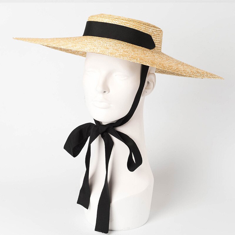 Wide brim boater hat 15cm brim strhat hat flad kvinder kentucky derby hat sort bånd slips solhat strand cap