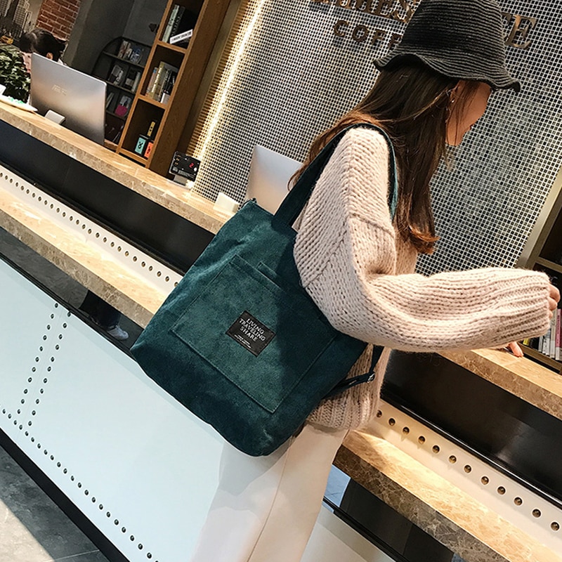 Women Corduroy Canvas Tote Ladies Casual Shoulder Bag Foldable Shopping Bags Beach Bag Cotton Cloth Female Handbag