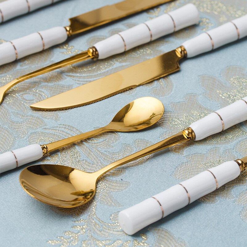 Cathylin Ceramic Handle Western Flatware 4 pcs Stainless Steel Cutlery Set Knife Fork Spoon Teaspoon Dinner Set Dinnerware Set