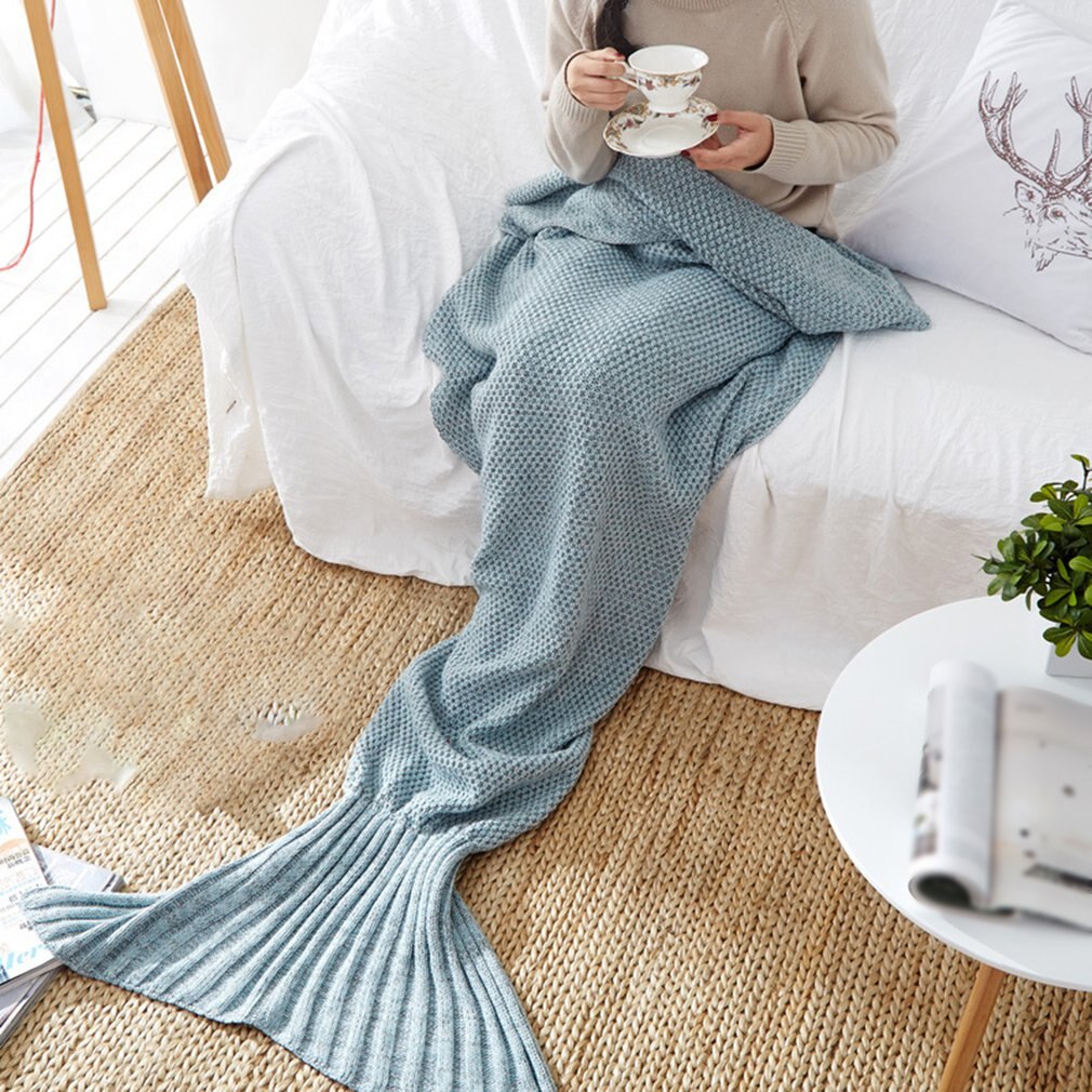 5 farver havfruehale tæppe dame blød håndlavet sovepose moderigtigt strikket tæppe fishtail sovende sengetæpper: Blågrå / 80 x 180