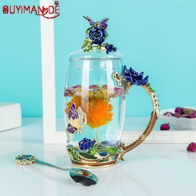 Bleu belle papillon émail tasse à café fleur thé verre tasses boisson chaude et froide thé tasse cuillère ensemble parfait de mariage: G