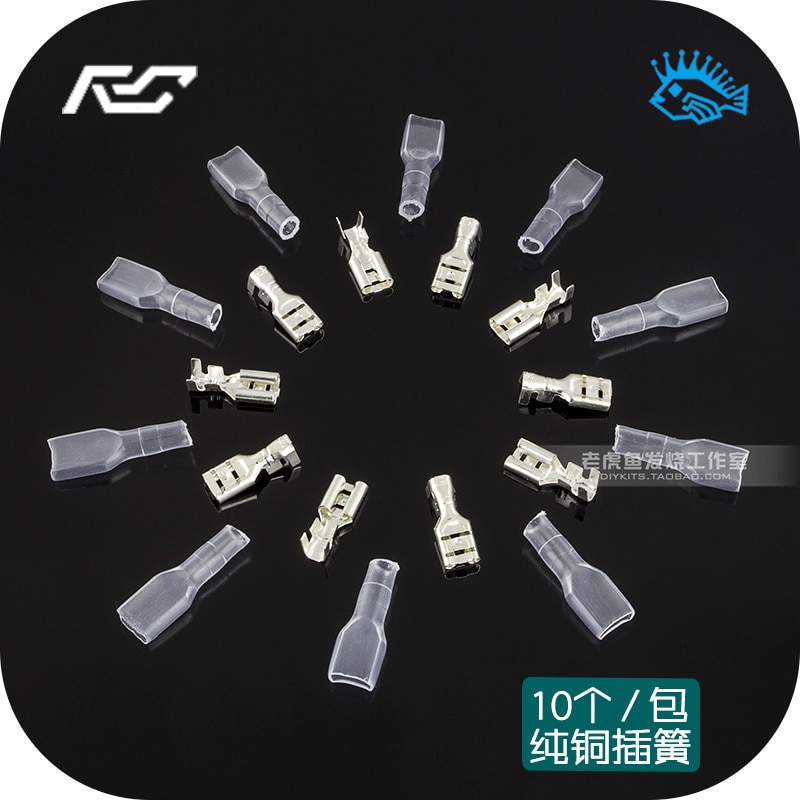 10 pcs/package 6.3/4.8mm cold crimping wire connection terminal plug spring pure copper thick silver plated sheath