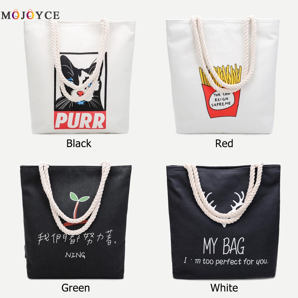 Women Canvas Casual Handbags Shoulder Bags Portable Cat Print Shopping Bag