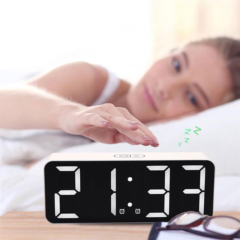 Digitale Led Spiegel Wekker Digitale Snooze Tafel Klok Wake Up Light Elektronische Tijd Temperatuur Display Decoratie Klok