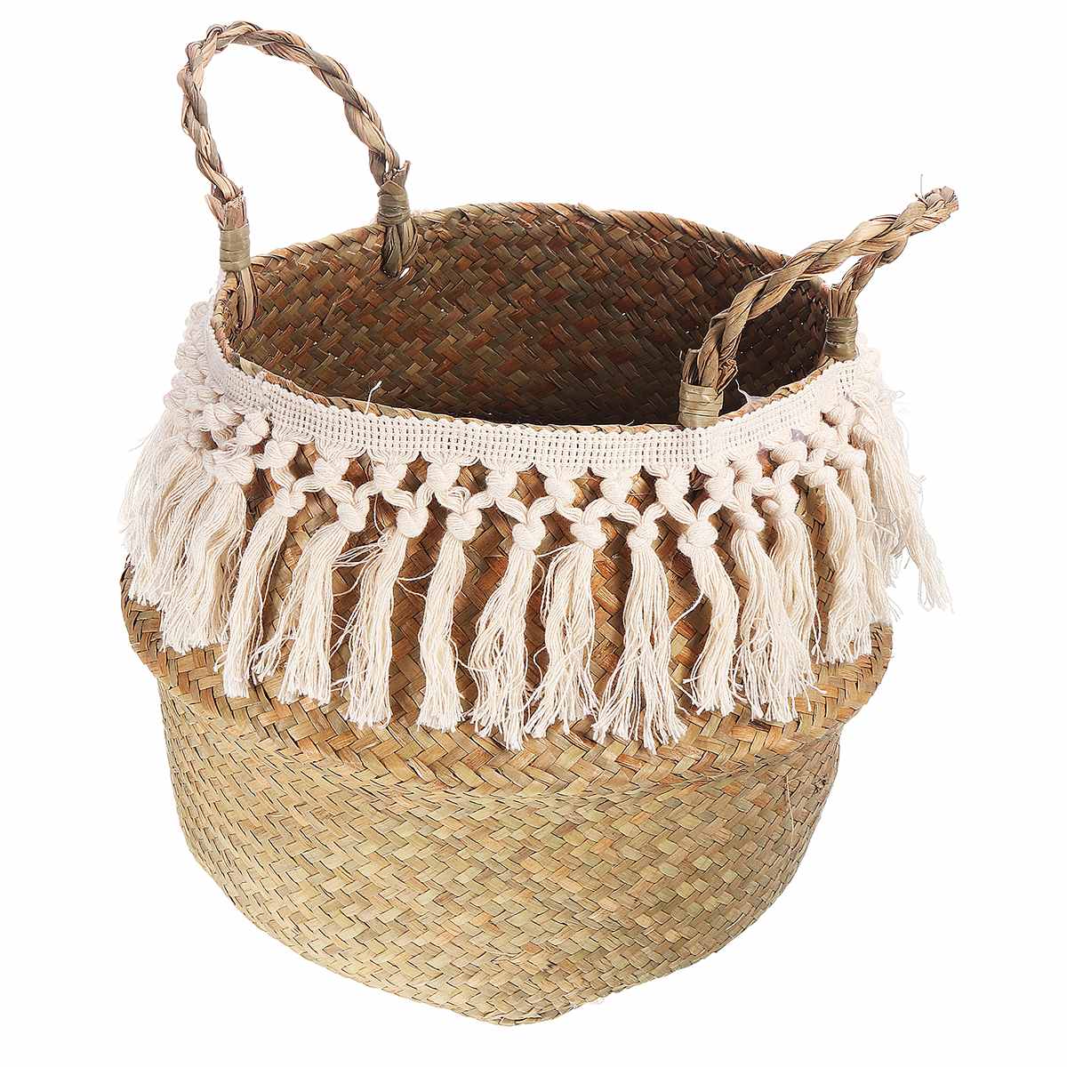 ! Fringed Macrame Woven Basket Seagrass Storage Basket Garden Flower Pot Vase Wicker Basket Home Laundry Baskets Toy Holder