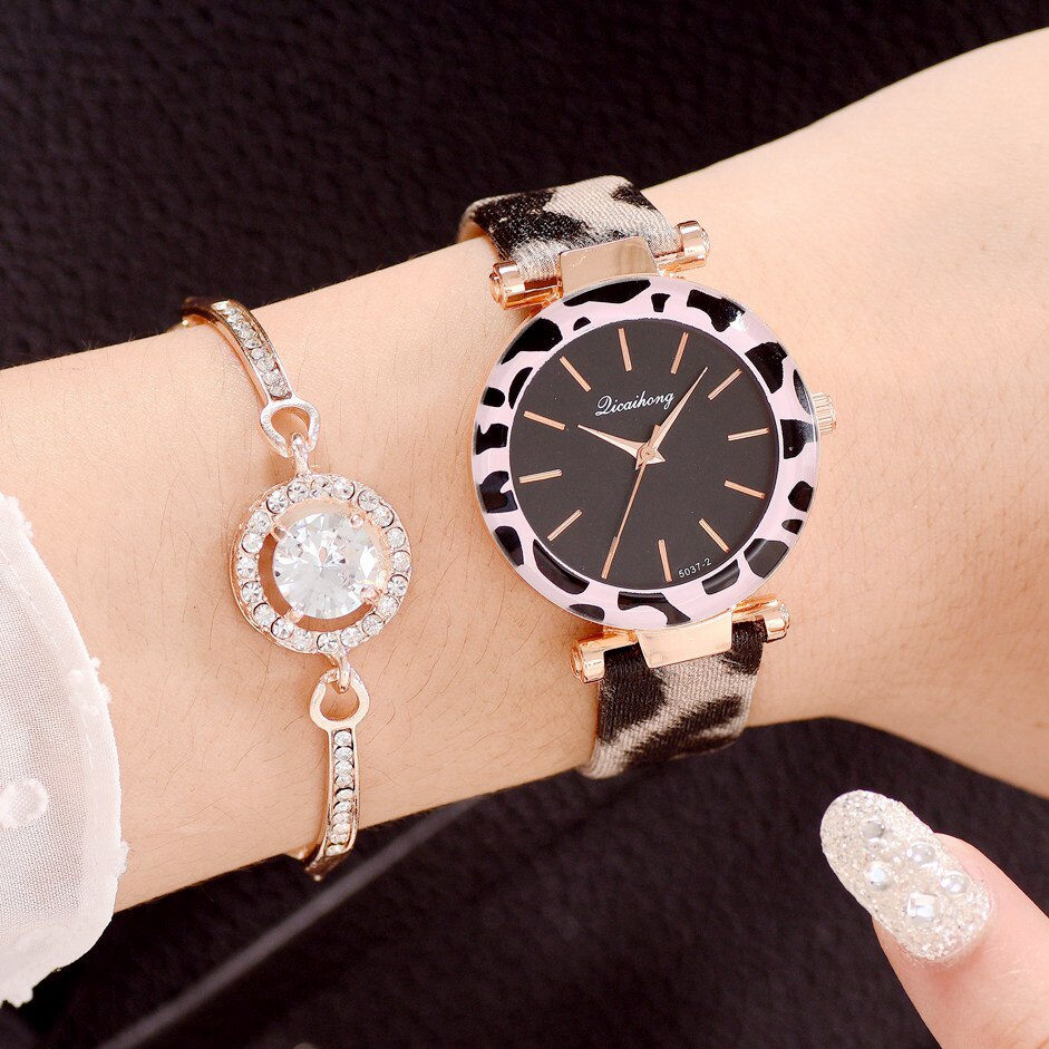 Kvinder ure billige leopard print læder dame armbånd ur casual quartz armbåndsure ur relogio feminino: Pink tilføje armbånd