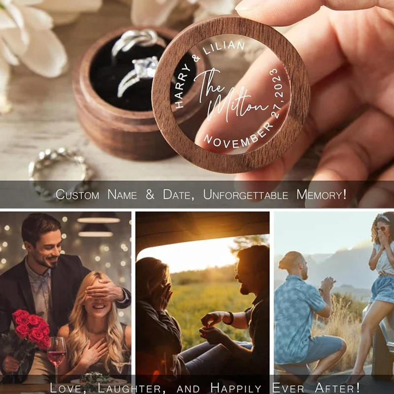 Caja de anillo de madera con logotipo personalizado gratuito, grabado en madera, propuesta de boda, compromiso, madera redonda, caja de anillo con nombre y fecha personalizados gratis