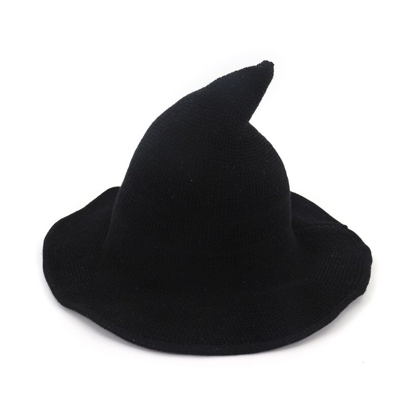 QBHAT Cotton Knitted Witch Hat Cap Casual Wide Brim Bucket Hats Women Funny Folding Magic Wizard Hat Solid Color Chapeau QB25: Black