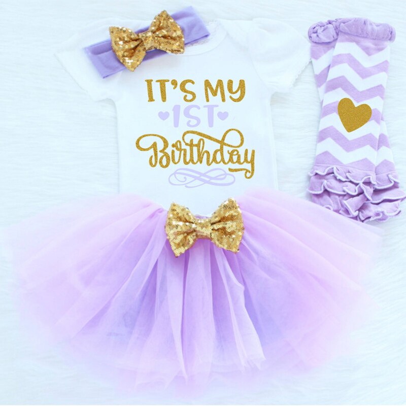 Baby kjole til piger 4 stk tøj pandebånd + romper toppe + mini kjole + strømper sød stil 1 års fødselsdag til småbørn: Z