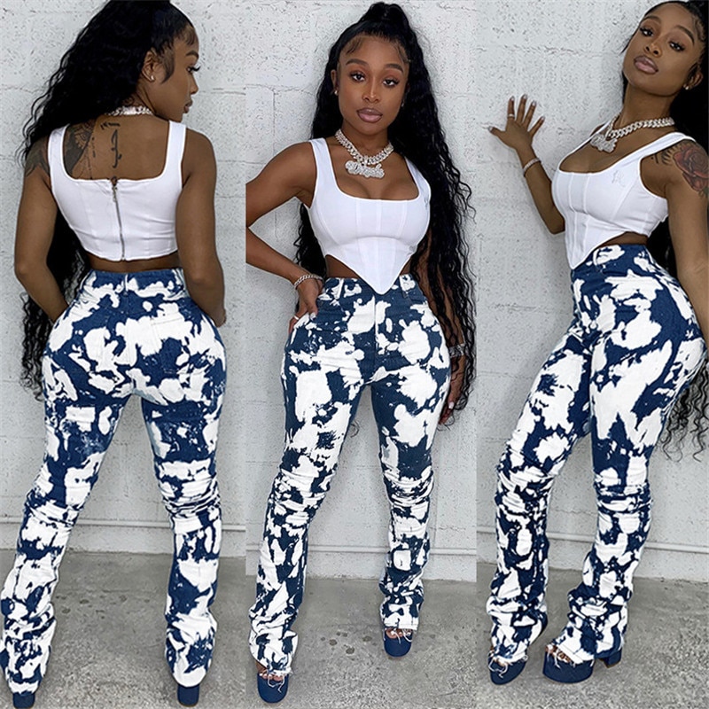 Offre spéciale jean empilé femmes crayon pantalon taille haute jean Graffiti Stretch pantalon en Denim maigre maman dropshching