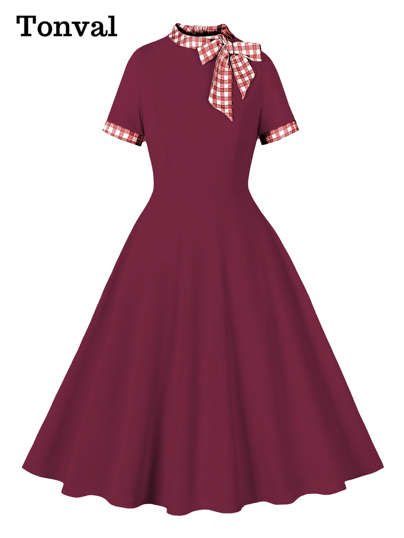 Tonval Contrast Plaid Tie Neck 1950s Dresses Birthday Women Gorgeous Clothes Summer A-Line Flare Dress