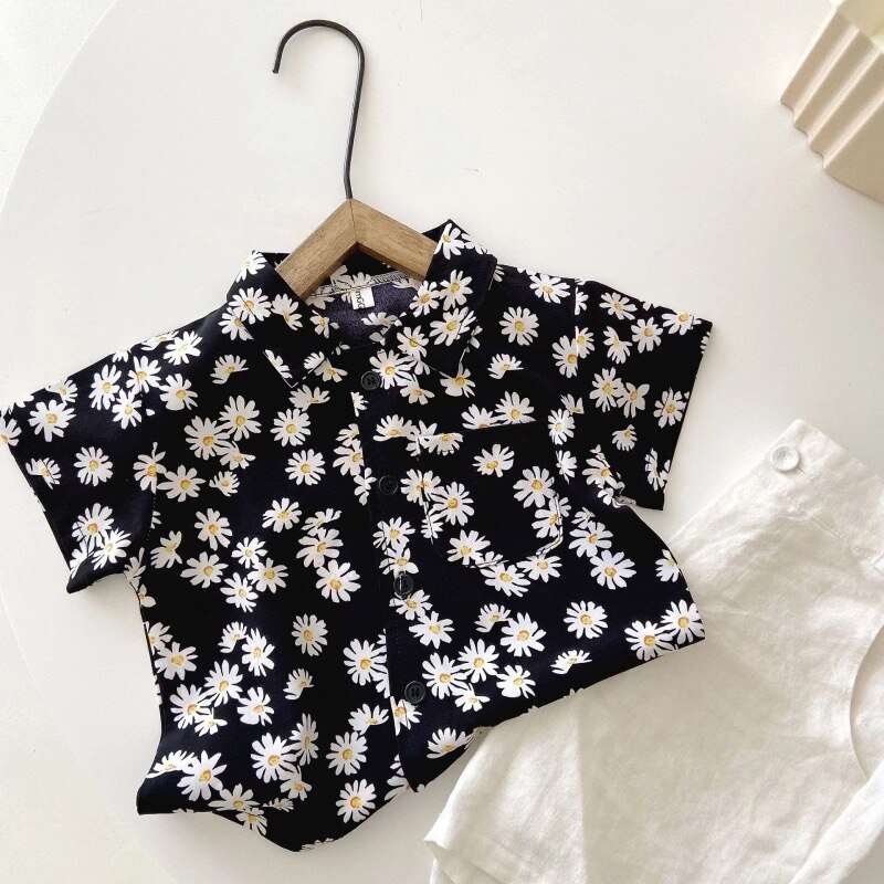 Verão 2021 meninos margarida imprimir camisas de manga curta estilo coreano crianças algodão casual fino topos roupas: 4T