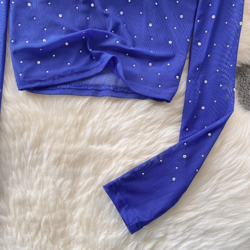 Kvinder hotsweet chic rhinsten mesh transparent lange ærmer sexet crop top slank sexet koreansk t-shirt efterårsskjorte til kvinder