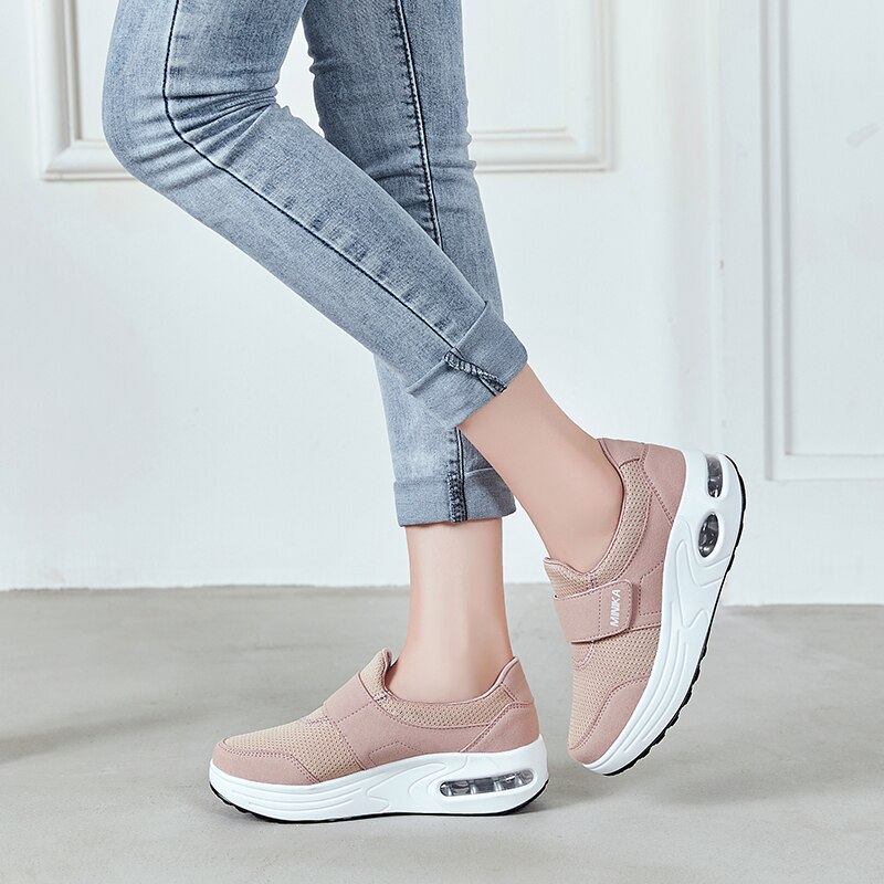 Platform minika sko sneakers kvinder fitness sko dæmpende sportssko wedge sneaker åndbar mesh casual deportivas con cuña