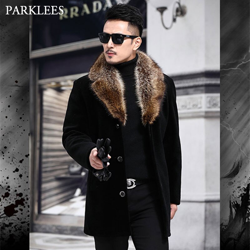 Big Fur Windbreaker Jacket Men Black Long Overcoat Mens Trench Coat Casual Slim Fit Wool Blends Jackets and Coats Outwear 5XL